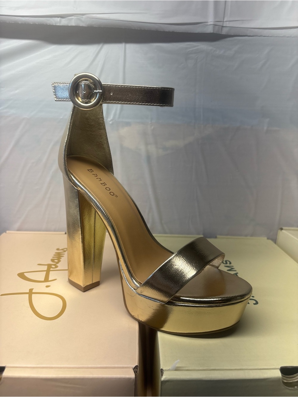 BAMBOO Metallic Gold Platform Ankle Strap Heel